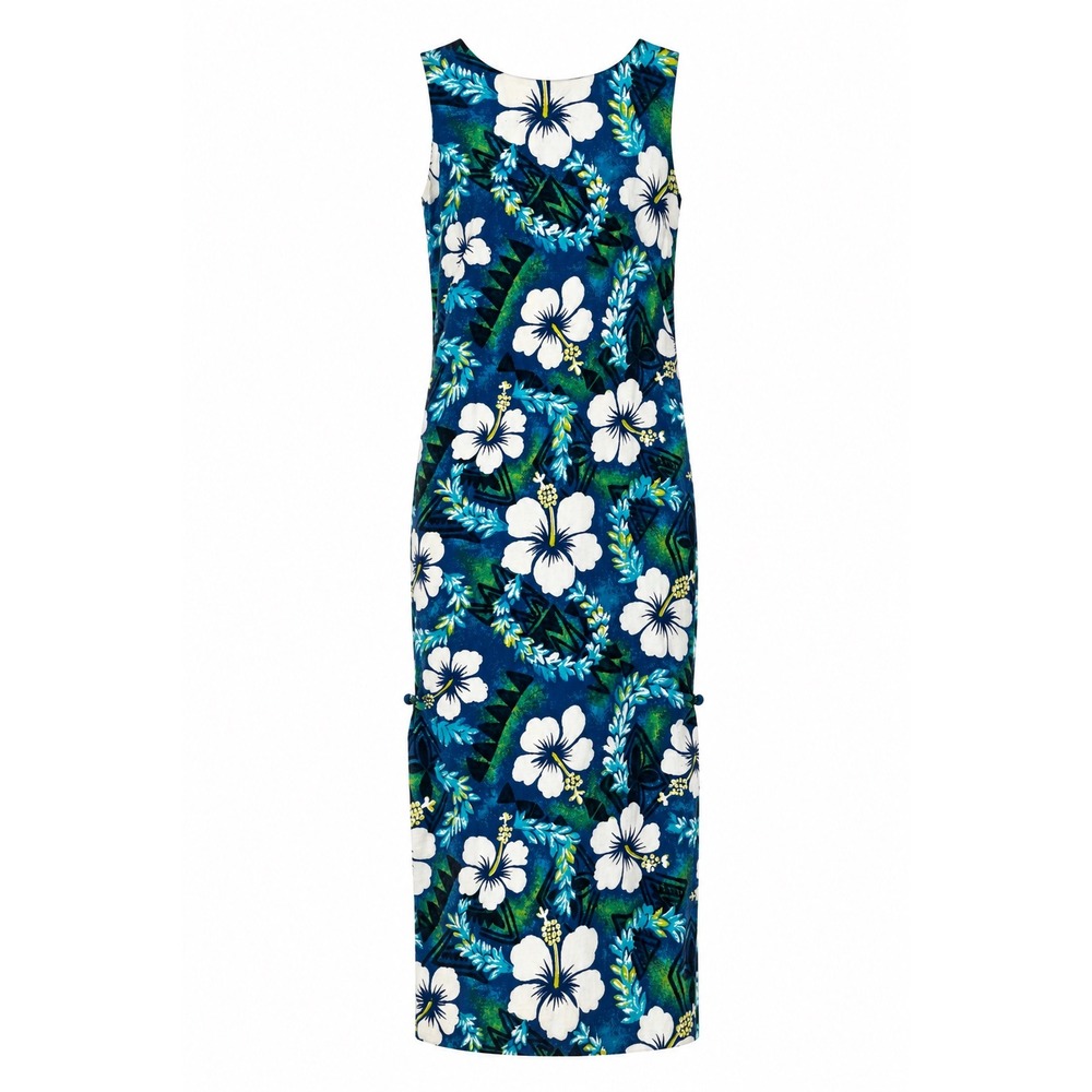 True Vintage 70s Royal Hawaiian Maxi Dress Blue Green Tropical Floral Barkcloth